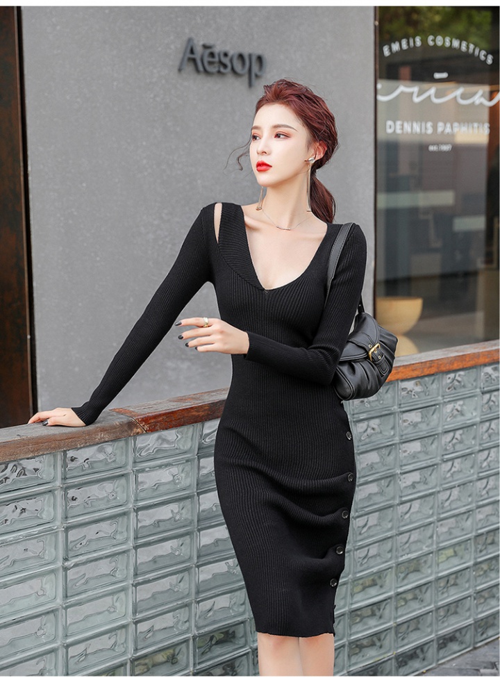 Autumn and winter package hip long V-neck dress