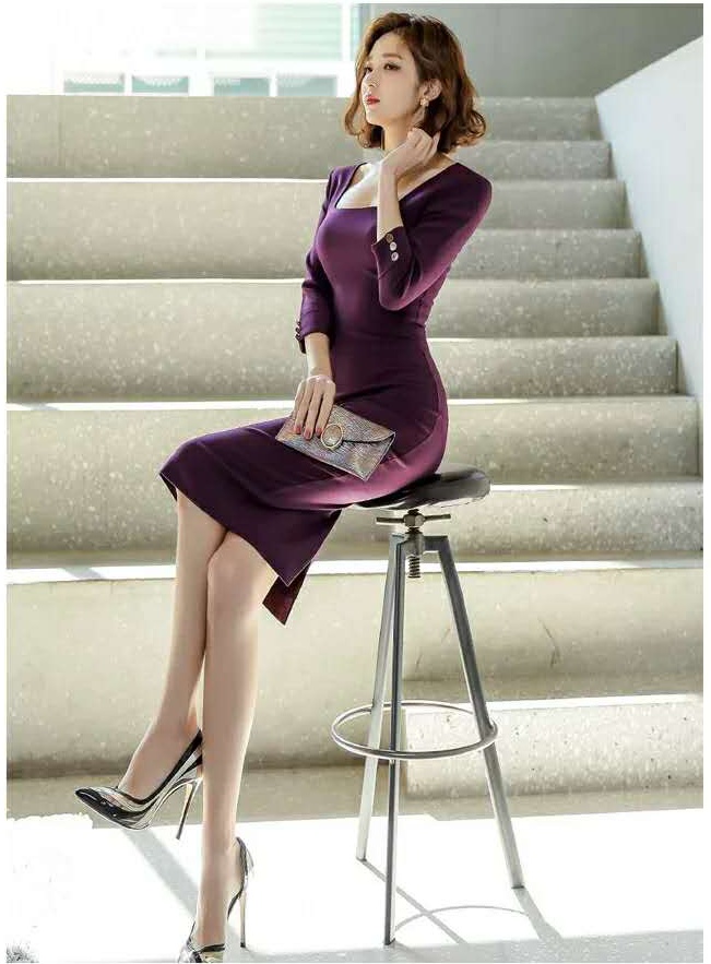 Long Korean style sexy ladies profession dress