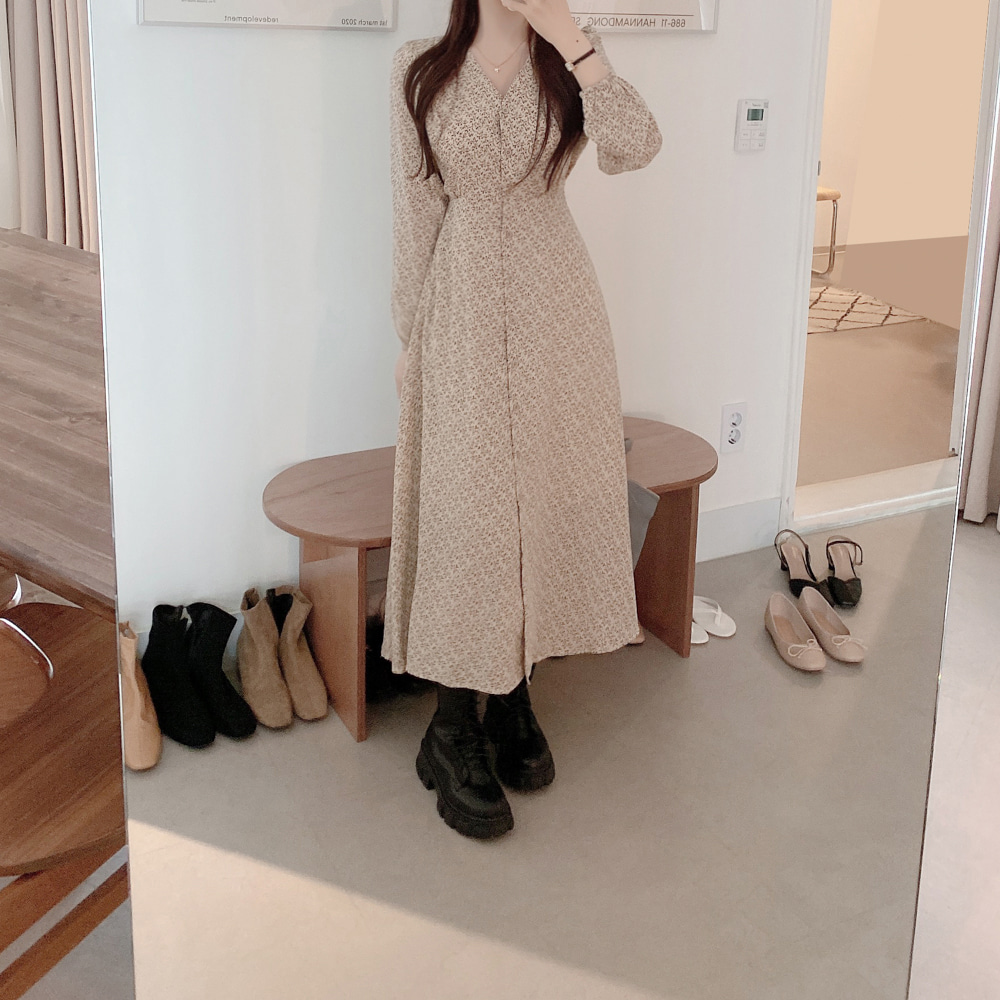 Floral pinched waist long sleeve V-neck Korean style dress