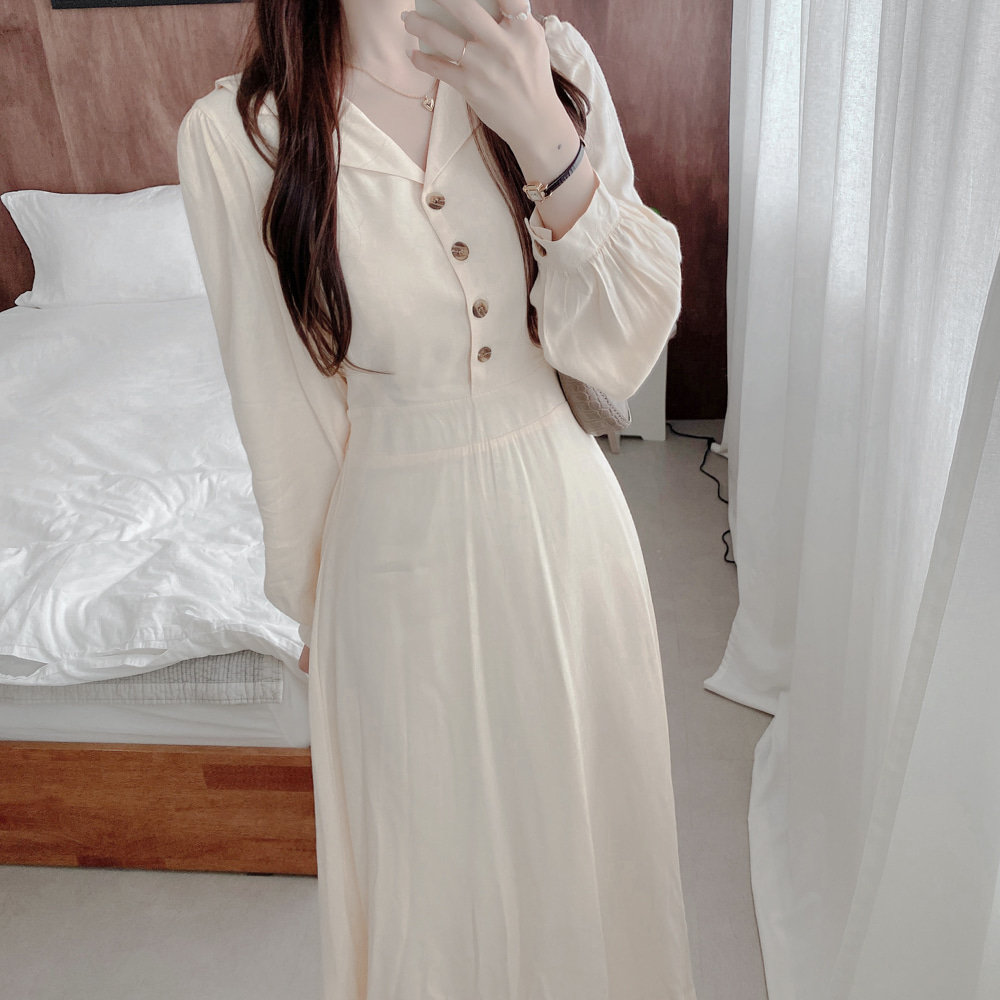 Pinched waist Korean style lapel lady slim long dress