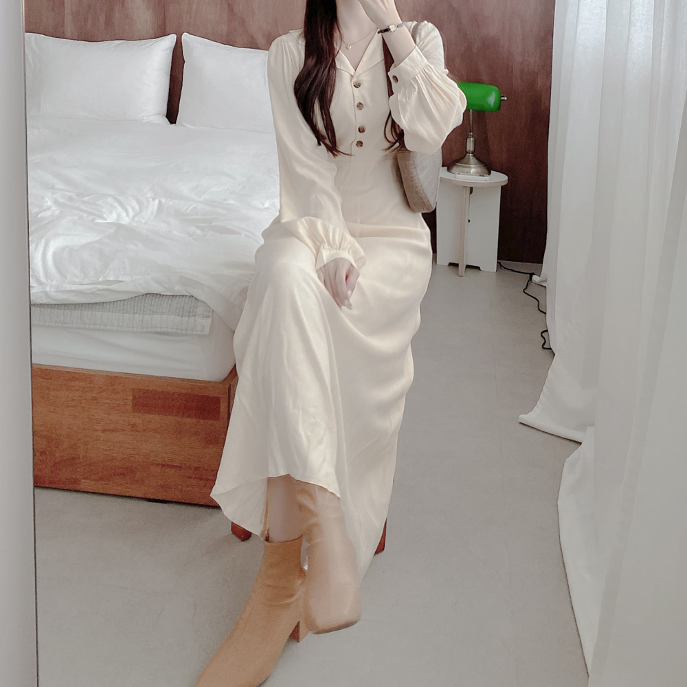 Pinched waist Korean style lapel lady slim long dress