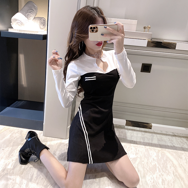 V-neck slim bottoming sexy pinched waist mixed colors dress