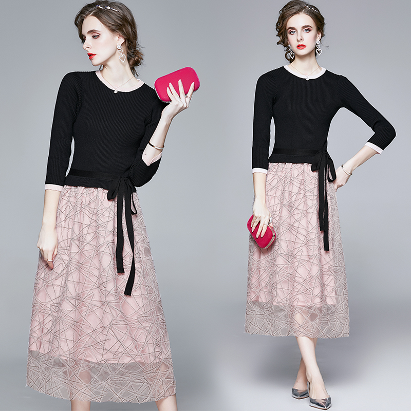 Knitted Pseudo-two slim long temperament dress for women