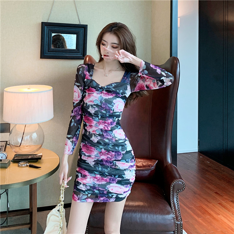 Lace pinched waist printing autumn bottoming dress