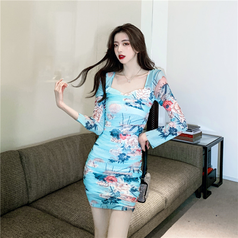 Slim bottoming lace printing autumn pinched waist dress