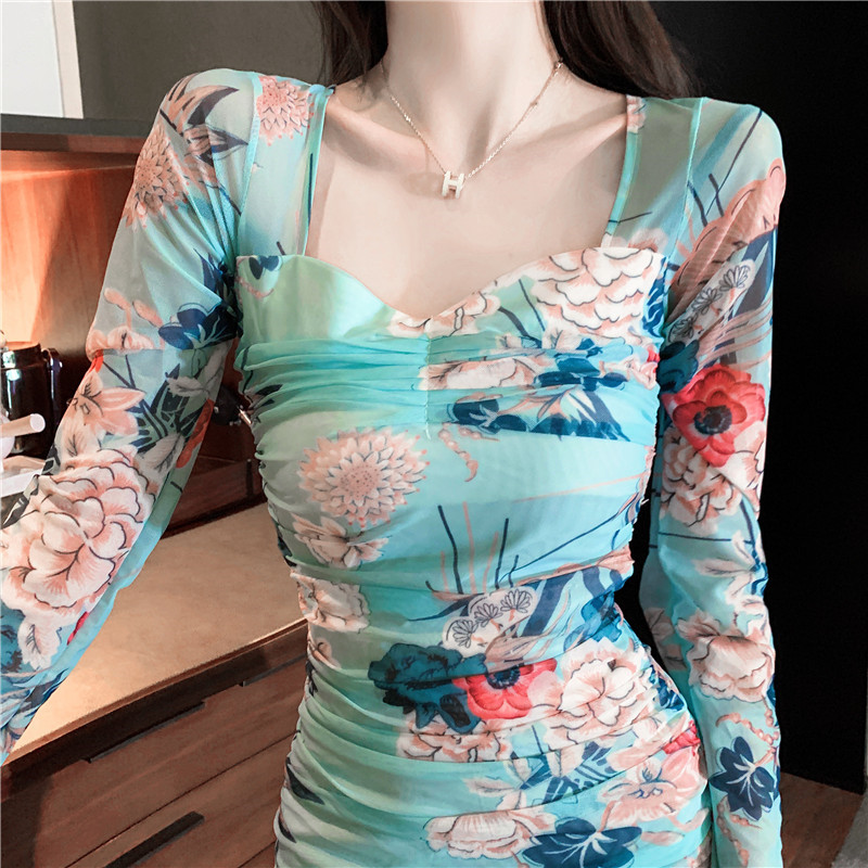 Slim bottoming lace printing autumn pinched waist dress