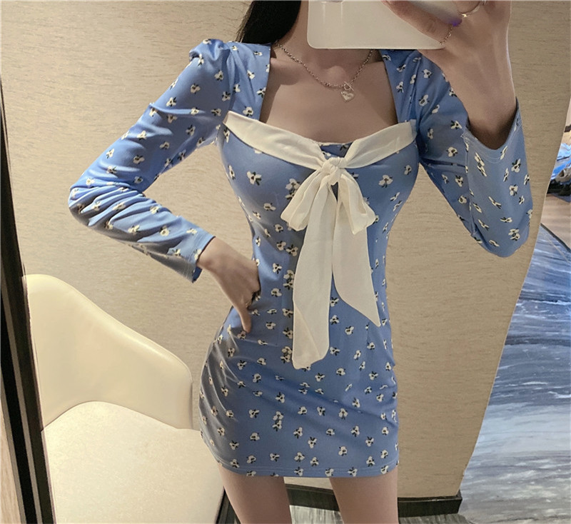 Autumn floral package hip bow slim square collar dress