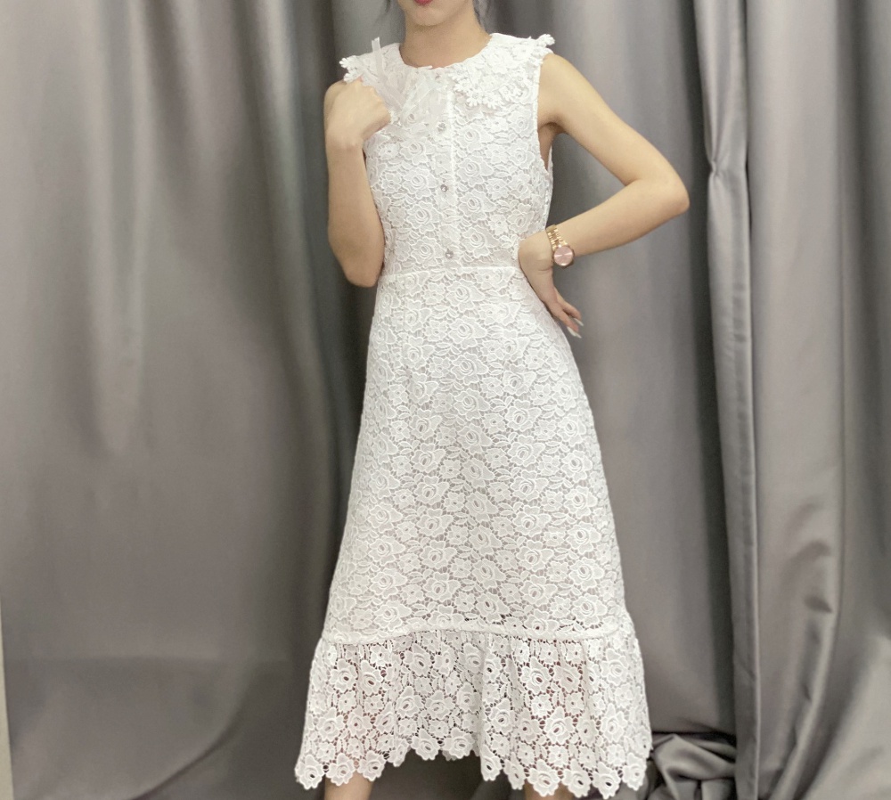 Embroidered France style white slim hollow fashion summer dress