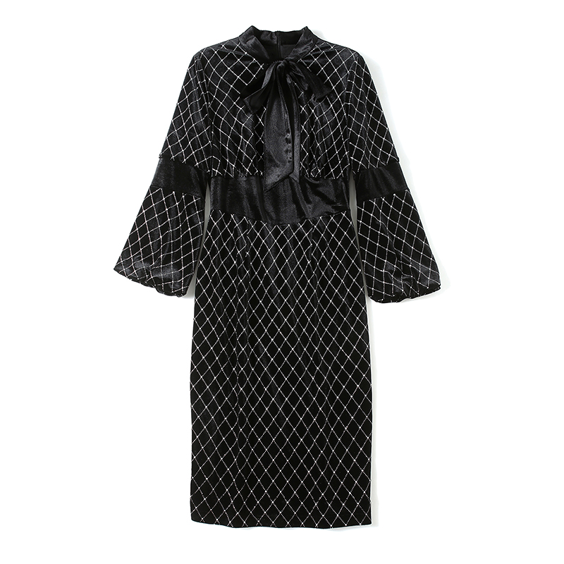 Black long sleeve dress velvet temperament long dress for women