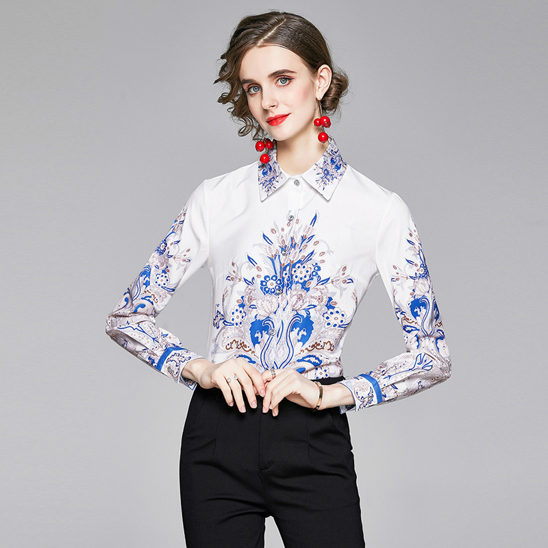 Autumn printing lapel slim shirt for women