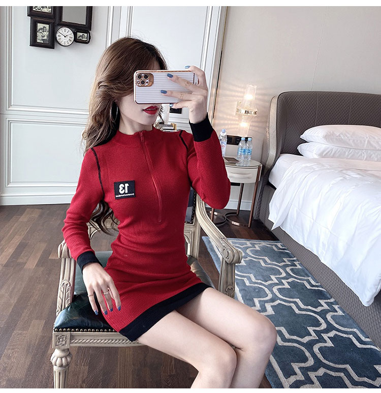 Bottoming knitted letters package hip low-cut sexy slim dress