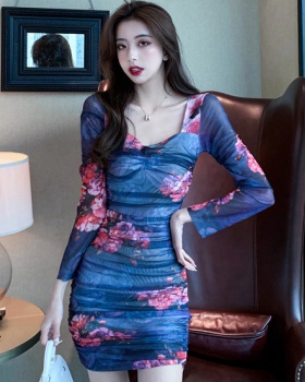 Pinched waist lace autumn slim printing dress