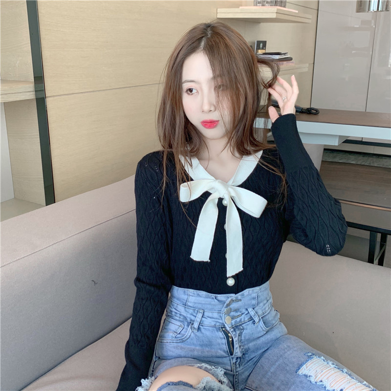 Long sleeve hollow bottoming shirt bow sweater for women
