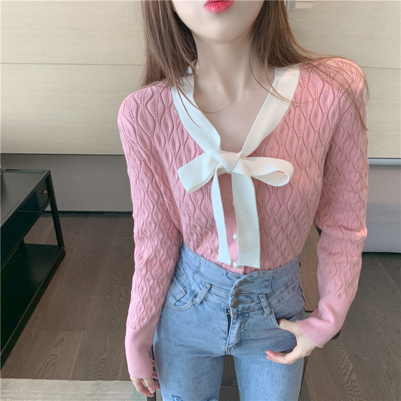 Long sleeve hollow bottoming shirt bow sweater for women