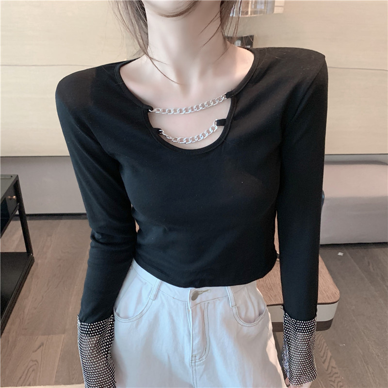 Chain T-shirt rhinestone sleeve bottoming shirt for women