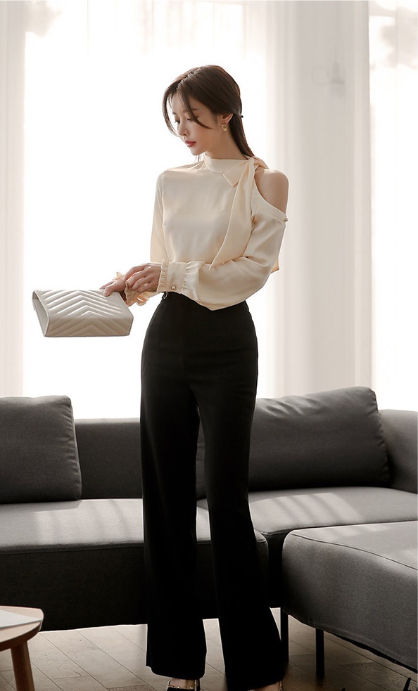 Silk high waist long pants fashion strapless shirt a set