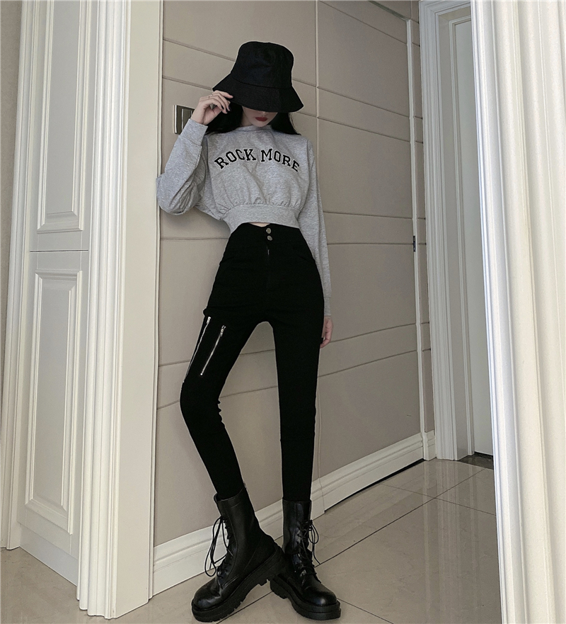 Tight high waist hoodie embroidery navel pencil pants