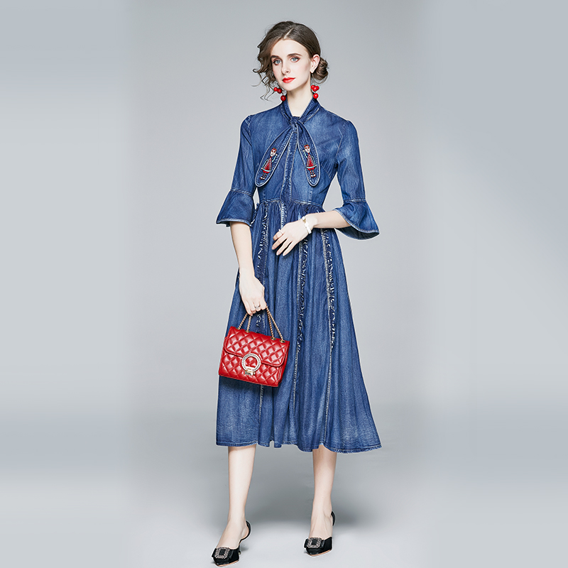 Big skirt fashion embroidery denim retro dress for women