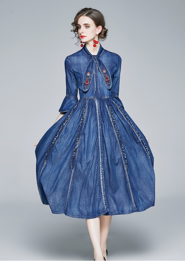 Big skirt fashion embroidery denim retro dress for women
