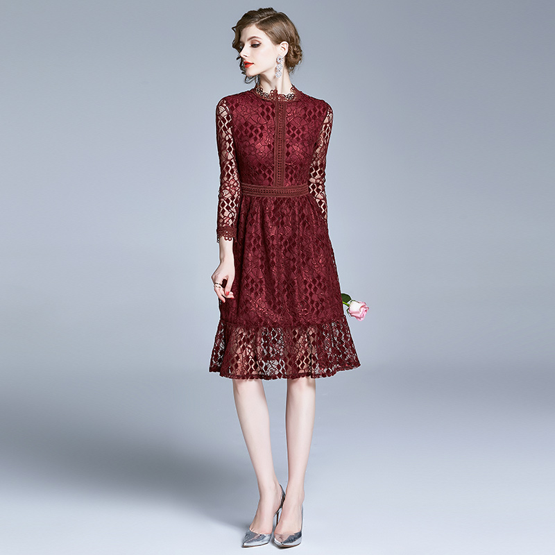 Hollow European style long slim lace temperament dress