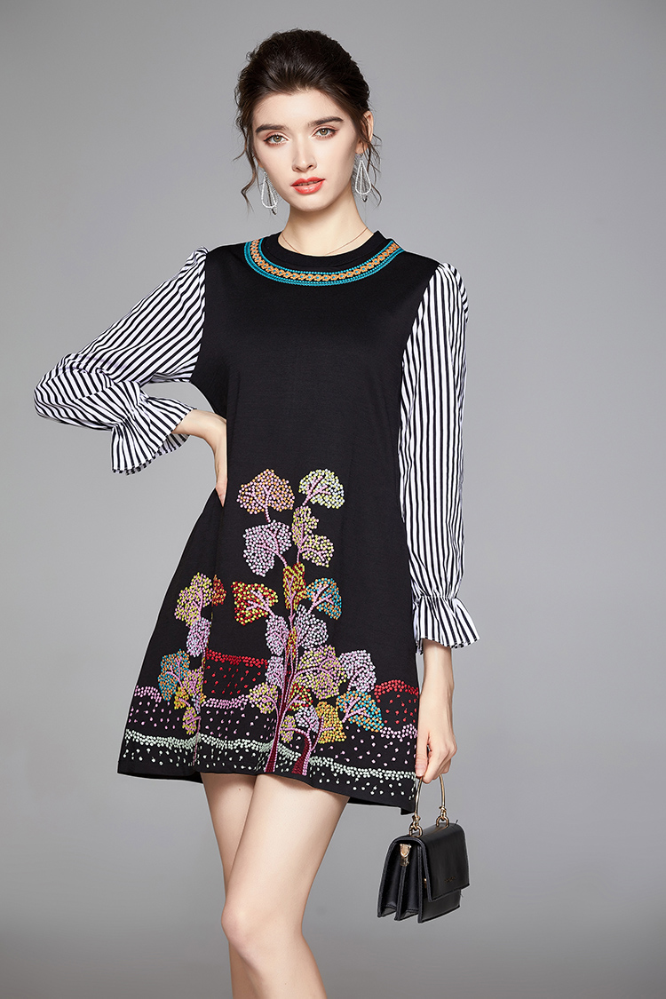 Autumn splice embroidered stripe dress for women