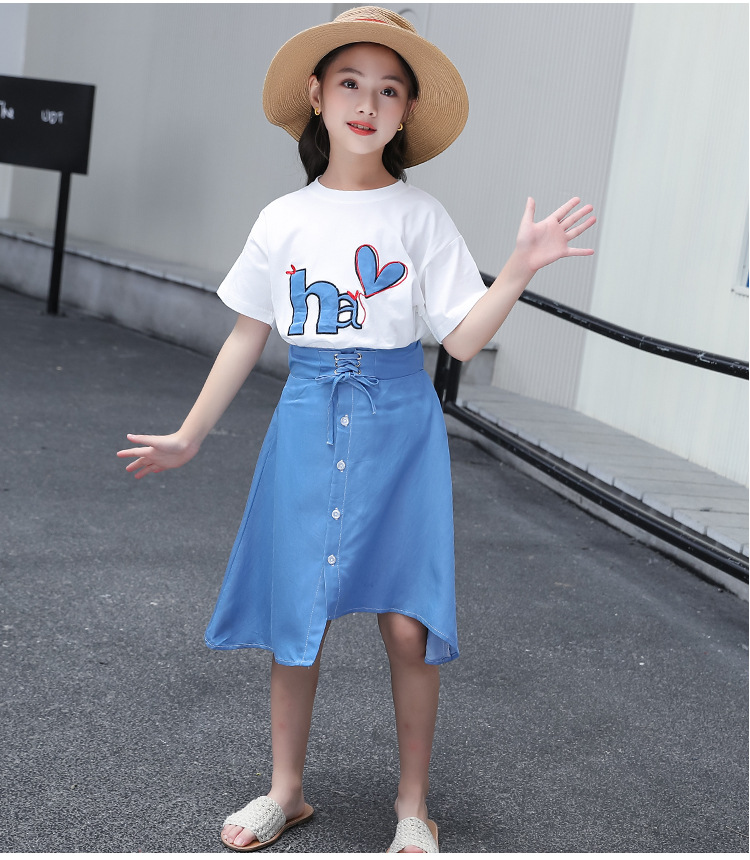 Western style girl big child denim skirt 2pcs set