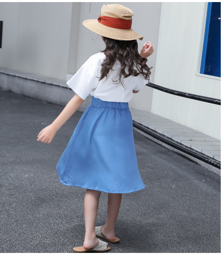 Western style girl big child denim skirt 2pcs set