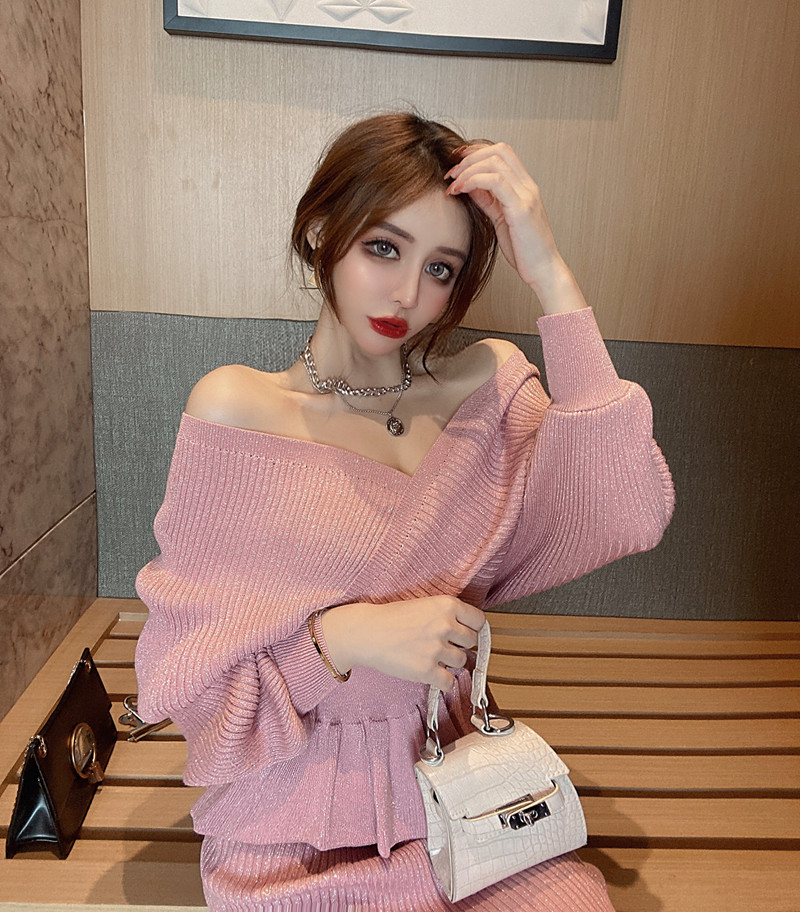 Sexy winter tops lotus leaf edges knitted skirt 2pcs set