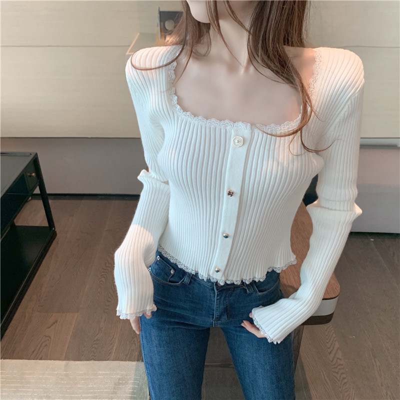 Slim splice clavicle lace bottoming sweater for women