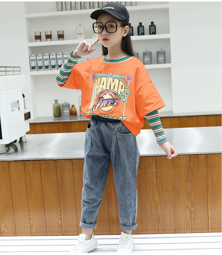 Autumn girl kids Korean style child jeans 2pcs set
