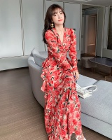 Summer floral dress V-neck long sleeve long dress for women