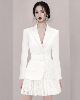 Long sleeve pinched waist skirt white ladies business suit