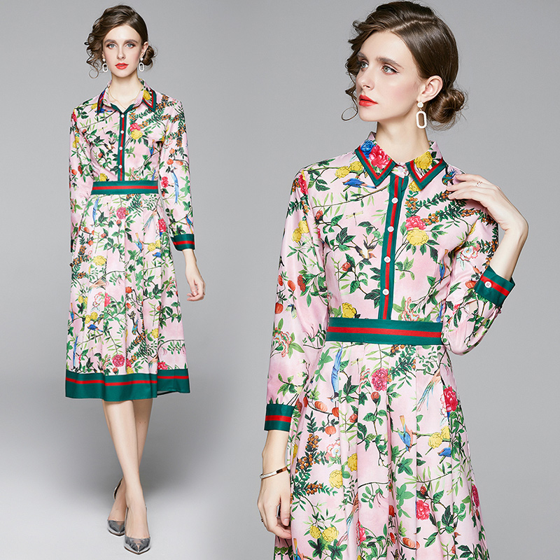European style fashion pinched waist all-match printing dress