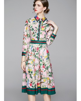 European style fashion pinched waist all-match printing dress