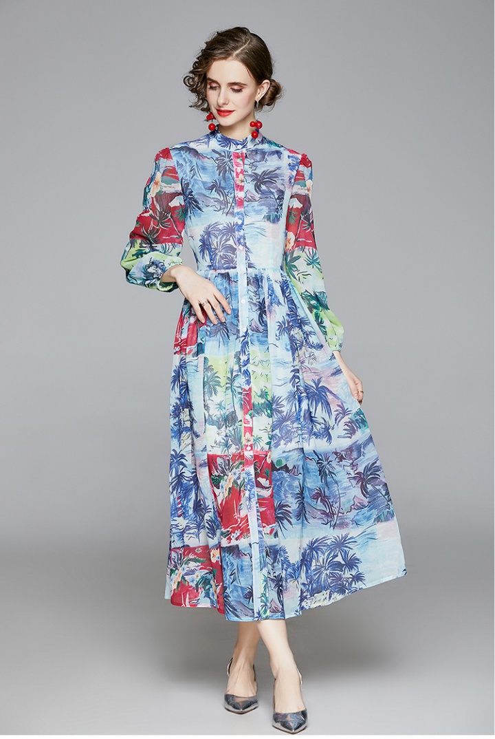 Puff sleeve cstand collar France style printing dress