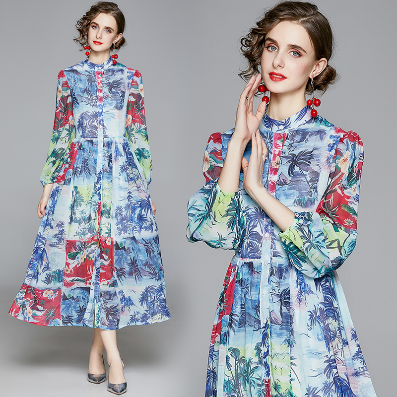 Puff sleeve cstand collar France style printing dress