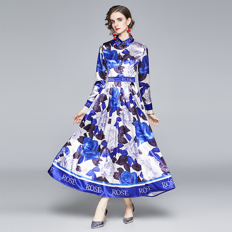 Printing autumn fashion big skirt long sleeve dress