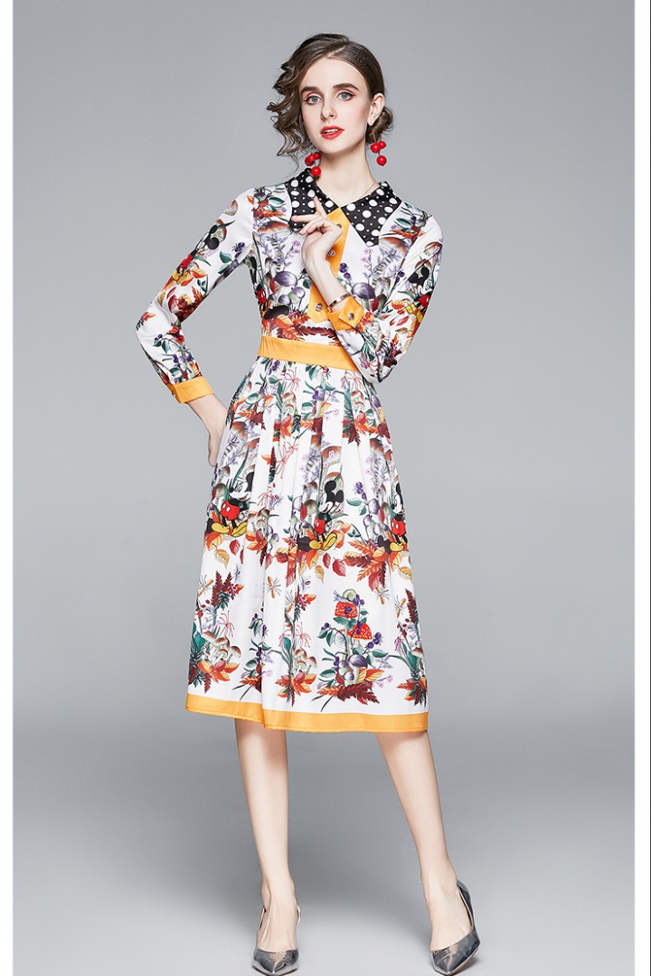 Slim printing autumn dress lapel fashion long dress