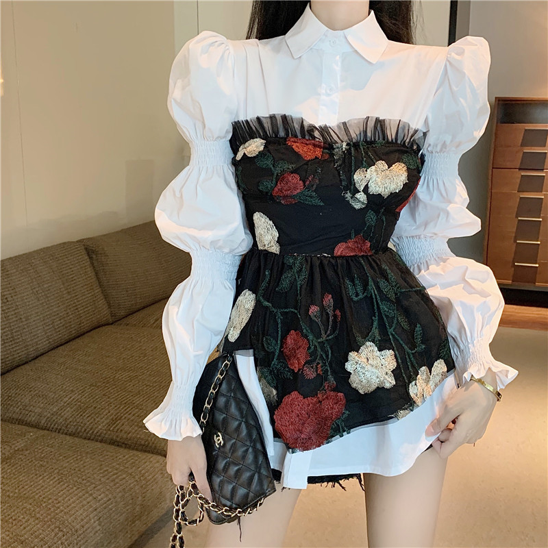 Gauze wrapped chest retro embroidered flowers shirt 2pcs set