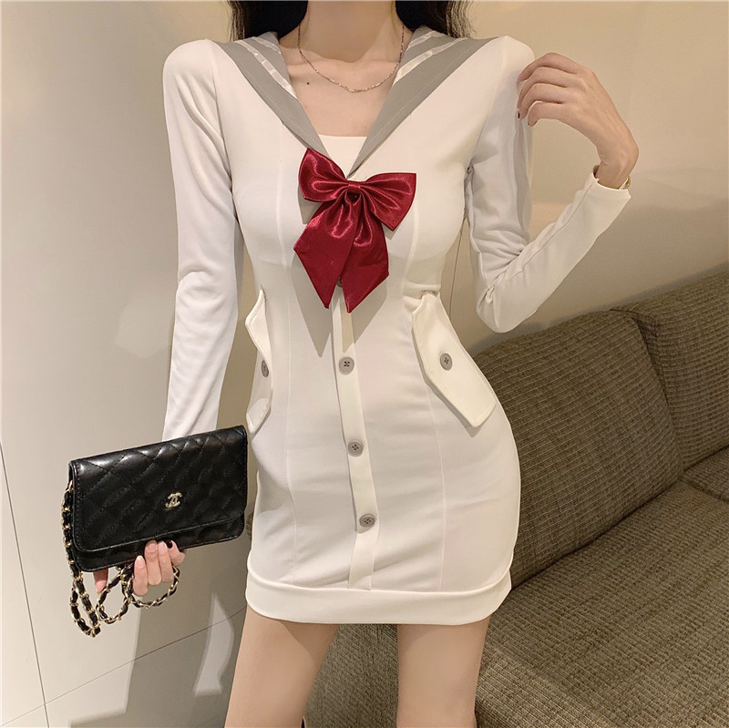 Bow package hip slim pinched waist lapel dress