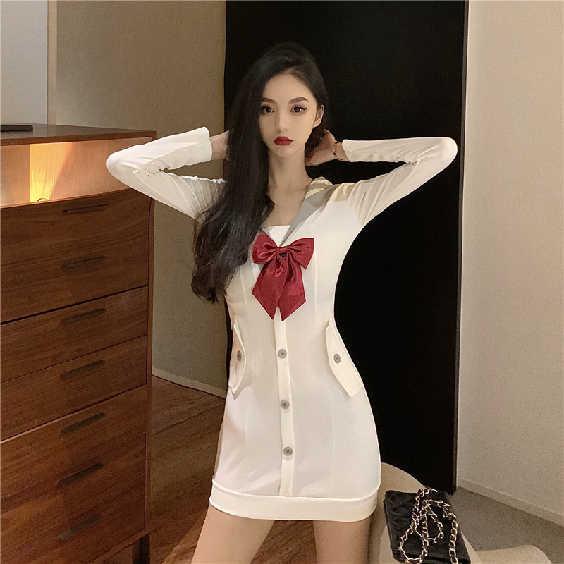 Bow package hip slim pinched waist lapel dress