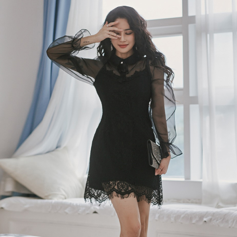 Slim short sleeve ladies Korean style lace dress