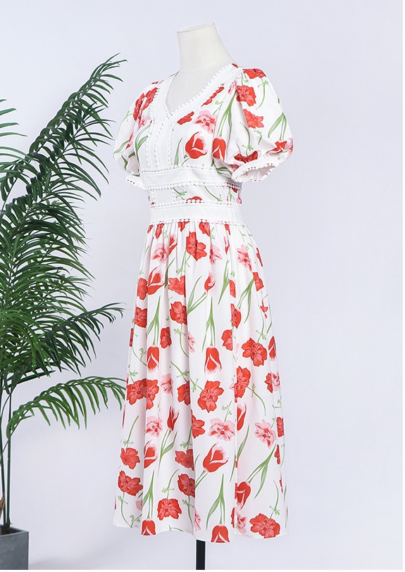 France style puff sleeve long floral fashion dress for women