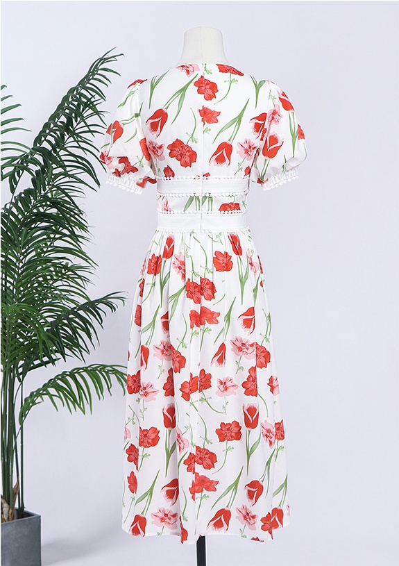 France style puff sleeve long floral fashion dress for women