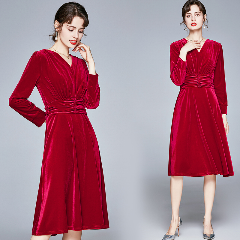 Long sleeve red dress temperament formal dress