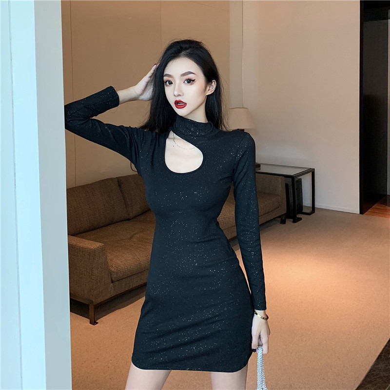Sexy bottoming slim package hip autumn hollow dress