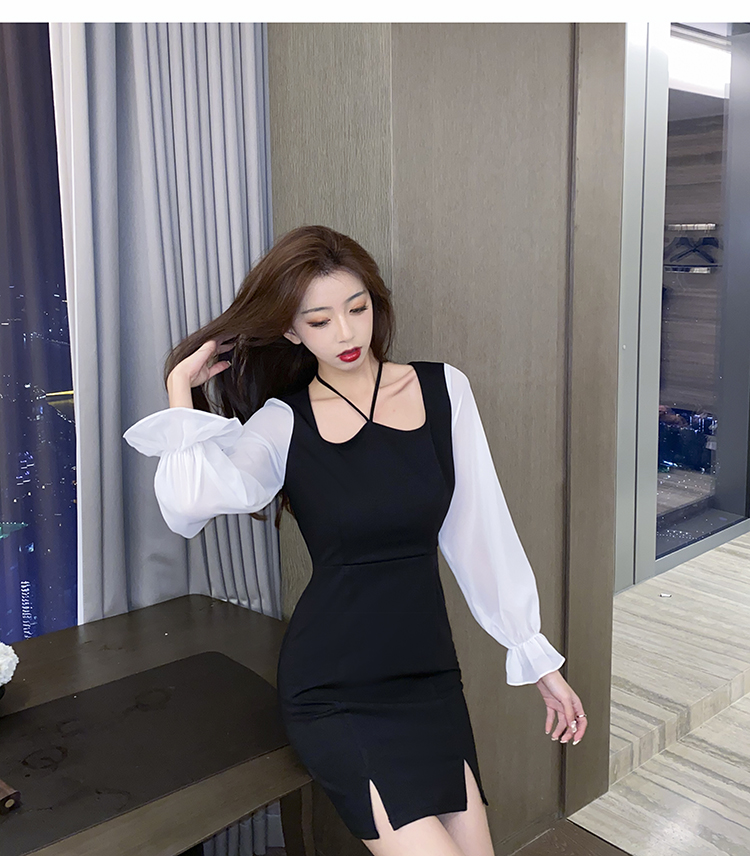 Black-white halter mixed colors slim drawstring dress
