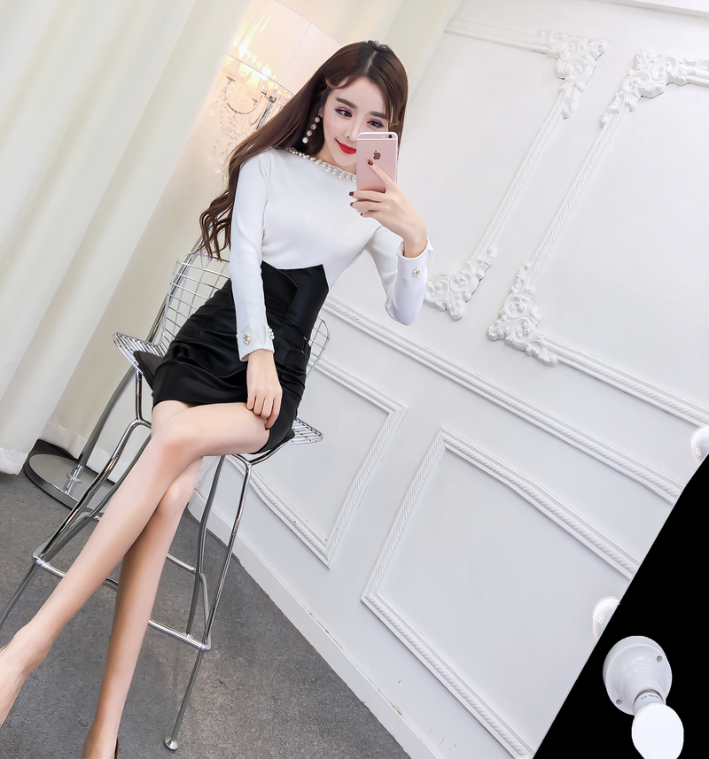 Bottoming fashion leather skirt all-match sweater a set