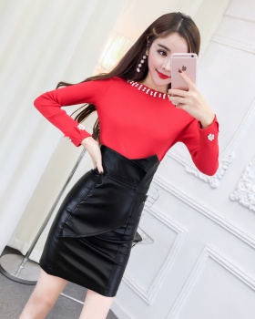 Bottoming fashion leather skirt all-match sweater a set