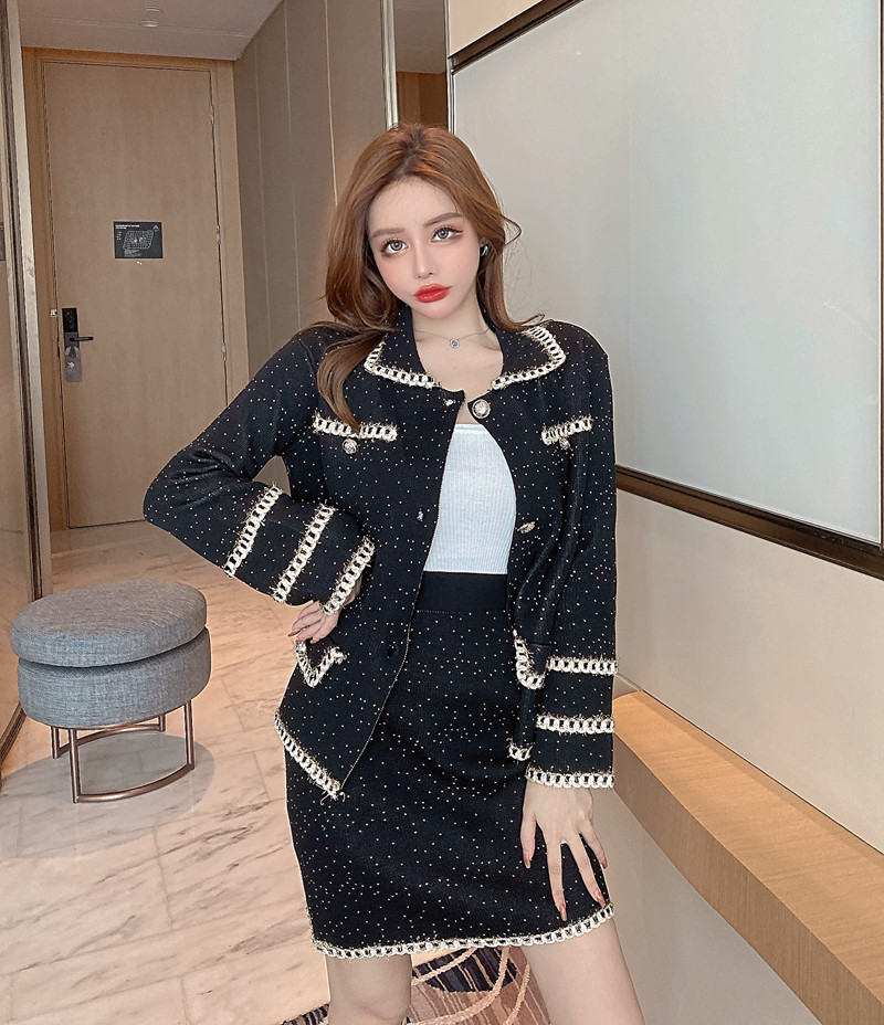 Long sleeve knitted tops all-match jacket 2pcs set